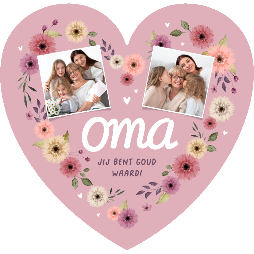 Moederdag kaarten - Hartvorm moederdagkaart bloemen roze foto's liefste oma