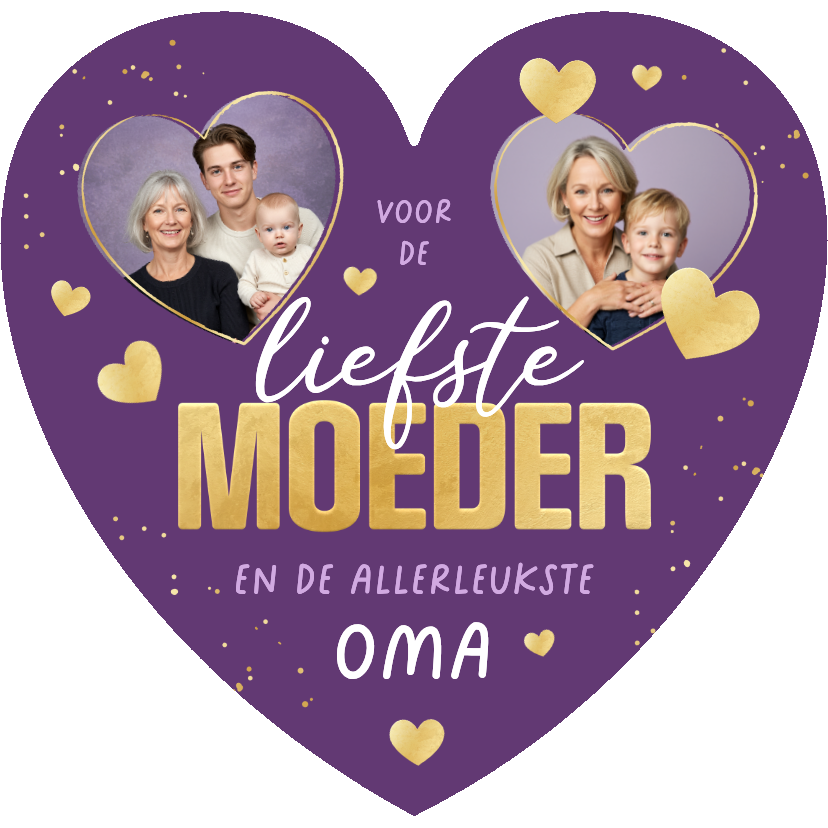 Moederdag kaarten - Hartvorm moederdagkaart gouden hartjes liefste mama oma foto