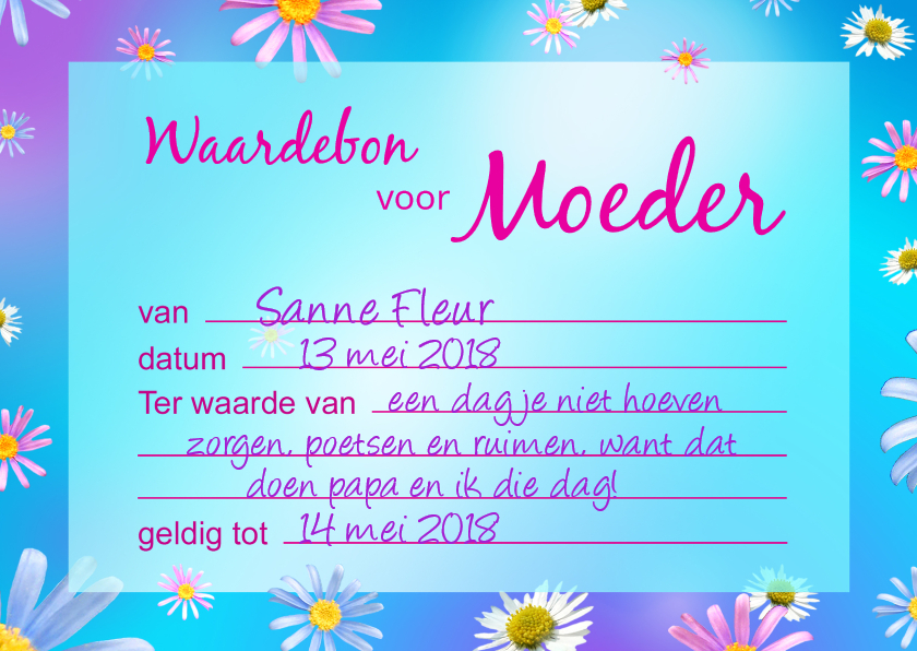 Moeder Waardebon - Moederdag kaarten Moederdag kaarten - Moeder Waardebon