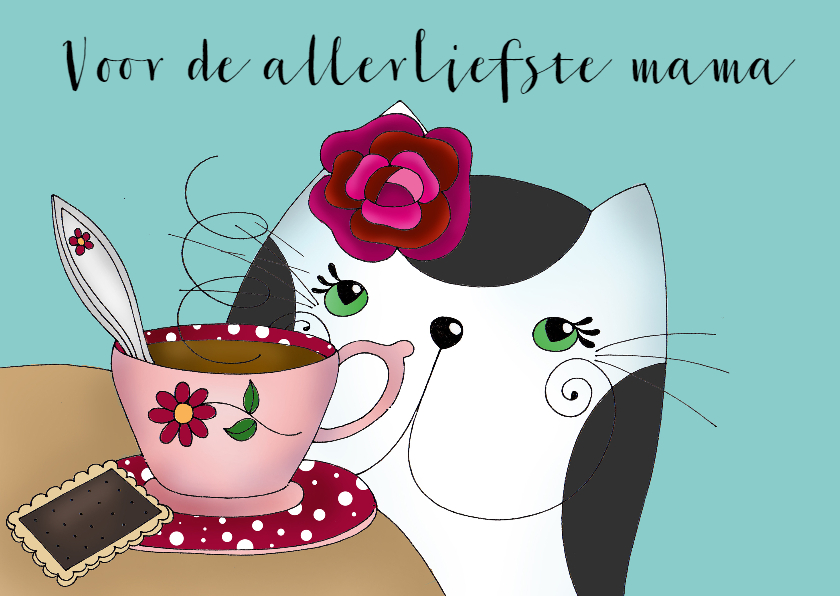 Moederdag kaart Kat drinkt thee of koffie - Moederdag kaarten Moederdag kaarten - Moederdag kaart Kat drinkt thee of koffie