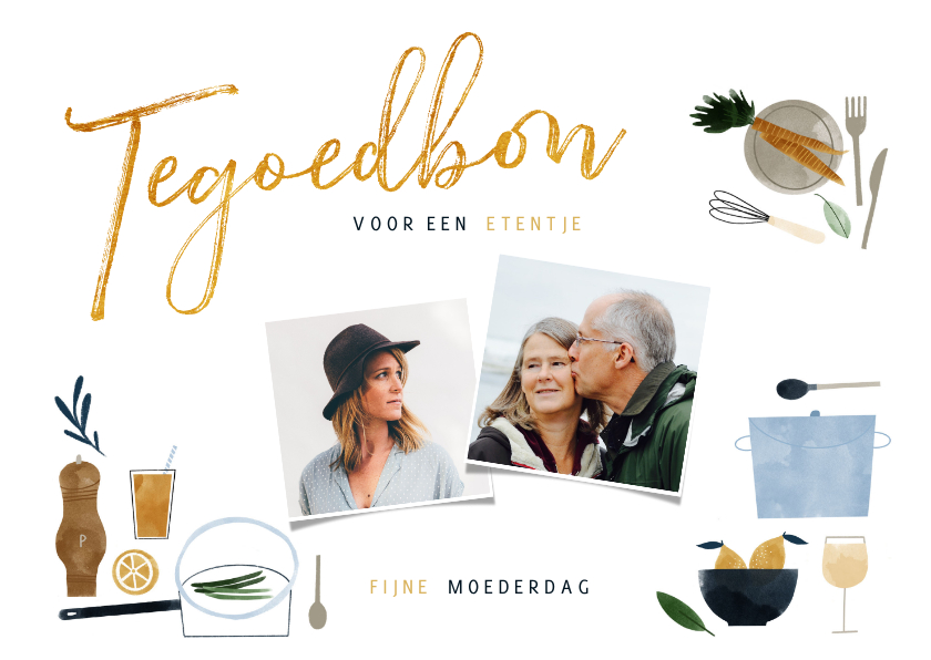 Moederdag kaarten - Moederdag tegoedbon etentje met illustraties en foto's