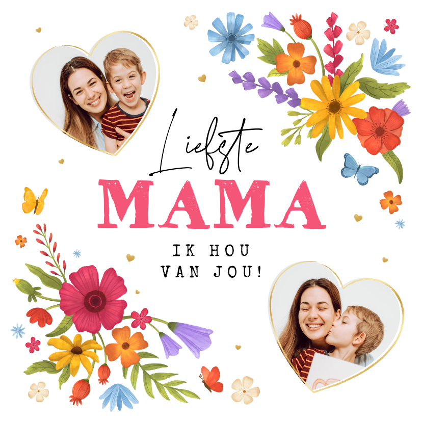 Moederdag kaarten - Moederdagkaart bloemen vlinders hartjes liefste mama foto