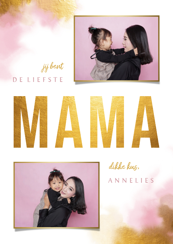 Moederdagkaart gouden 'MAMA' met foto's en waterverf - Moederdag kaarten Moederdag kaarten - Moederdagkaart gouden 'MAMA' met foto's en waterverf