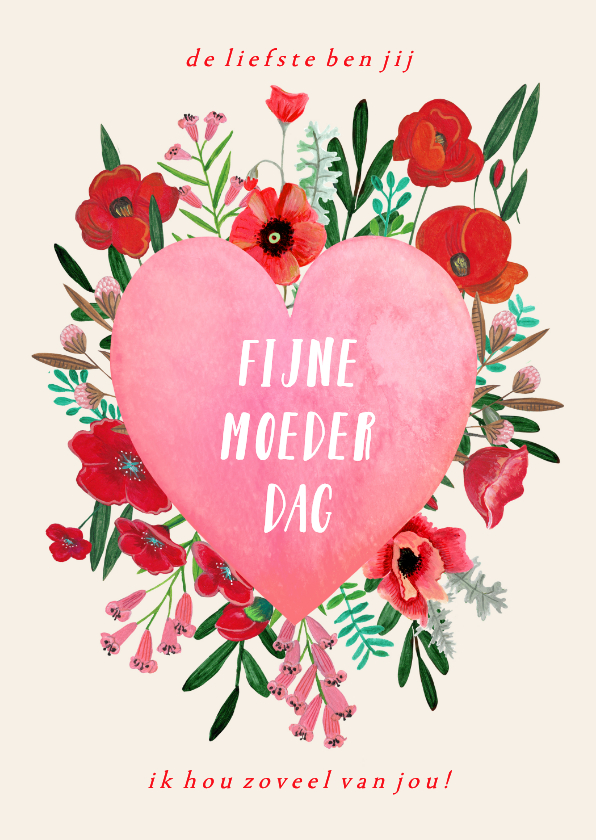 Moederdag kaarten - Moederdagkaart hart bloemen illustratie liefdevol mama