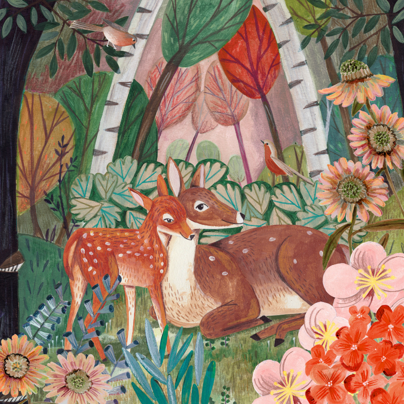 Moederdag kaarten - Moederdagkaart met herten in het bos met bloemen