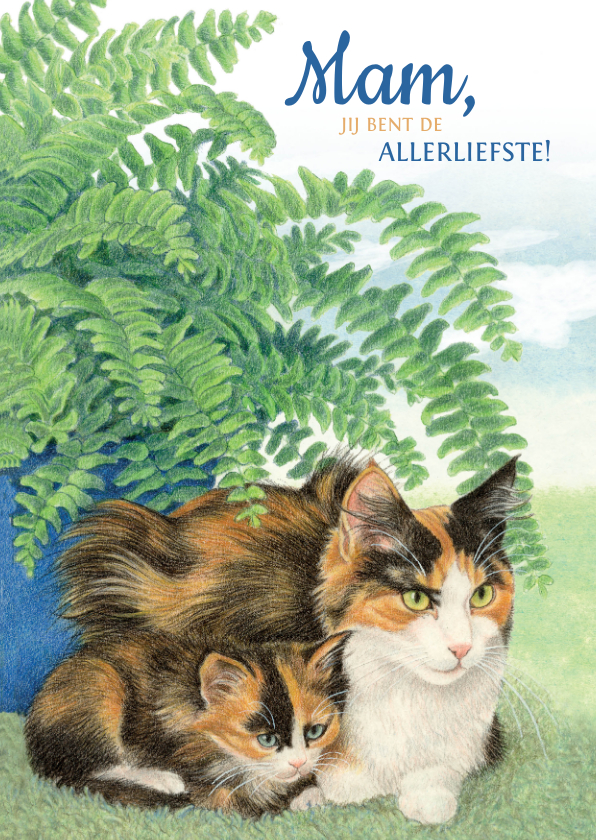 Moederdag kaarten - Moederdagkaart met kitten en moeder bij een plant