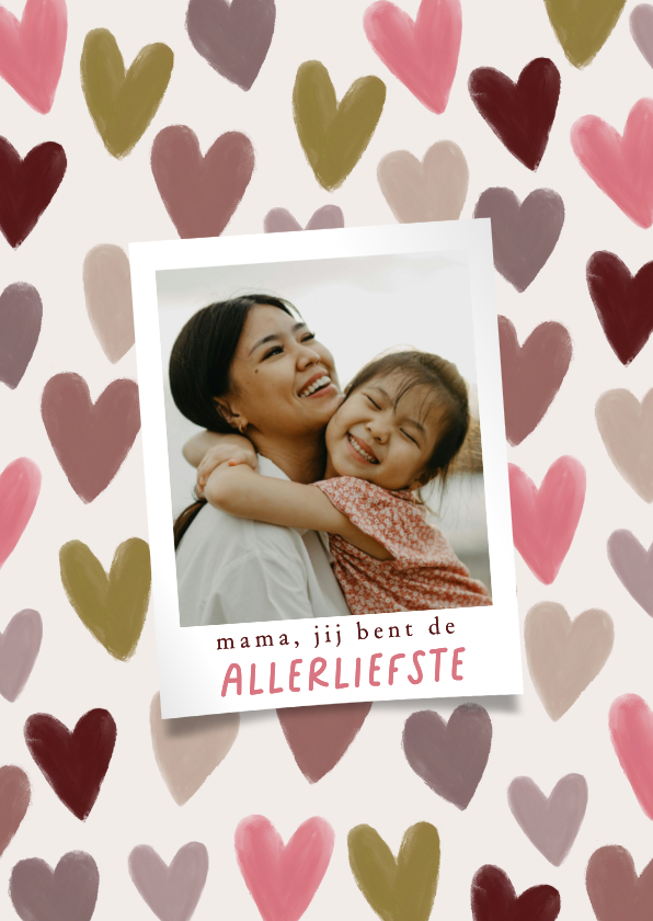 Moederdag kaarten - Moederdagkaart patroon van kleurrijke hartjes met foto