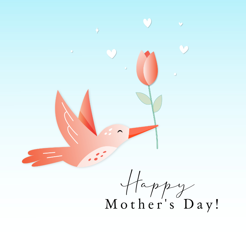 Moederdag kaarten - Moederdagkaart rozerood stijlvolle vliegende vogel met bloem