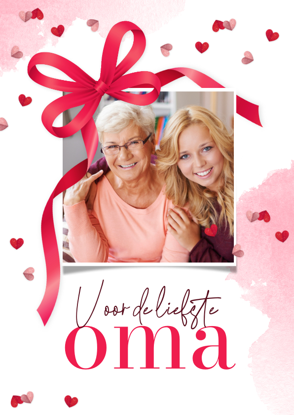 Moederdagkaart voor oma foto hartjes confetti strik - Moederdag kaarten Moederdag kaarten - Moederdagkaart voor oma foto hartjes confetti strik