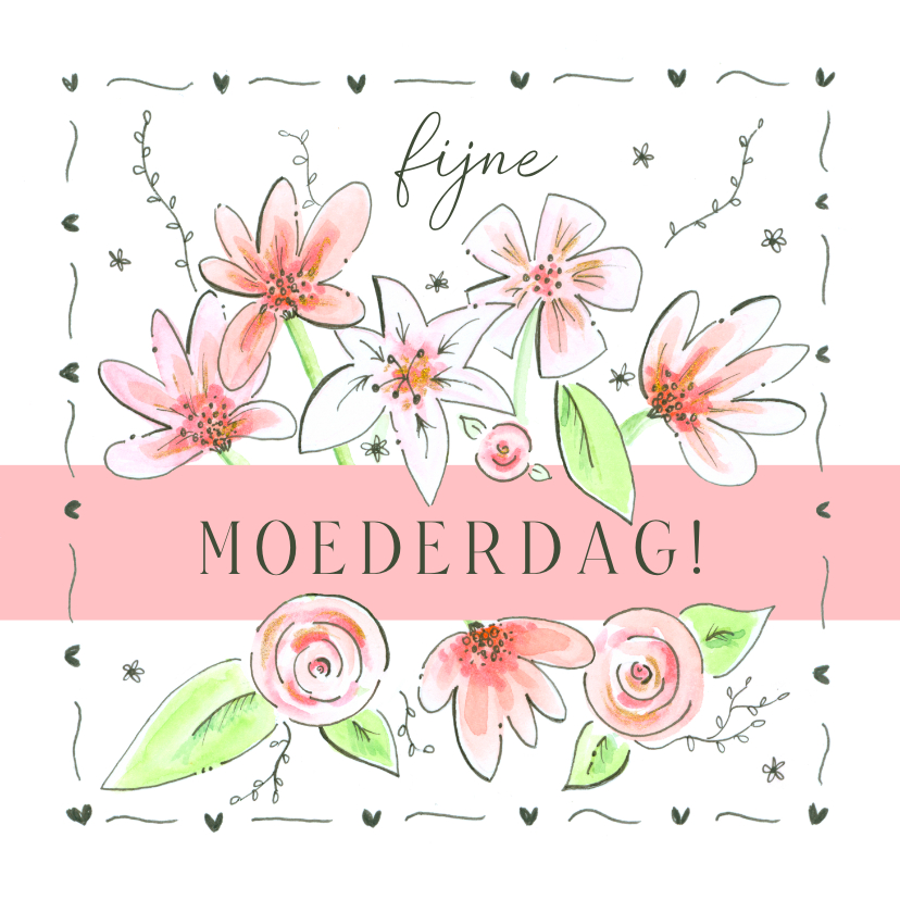 Moederdagkaarten vrolijke roze bloemen met hartjes - Moederdag kaarten Moederdag kaarten - Moederdagkaarten vrolijke roze bloemen met hartjes
