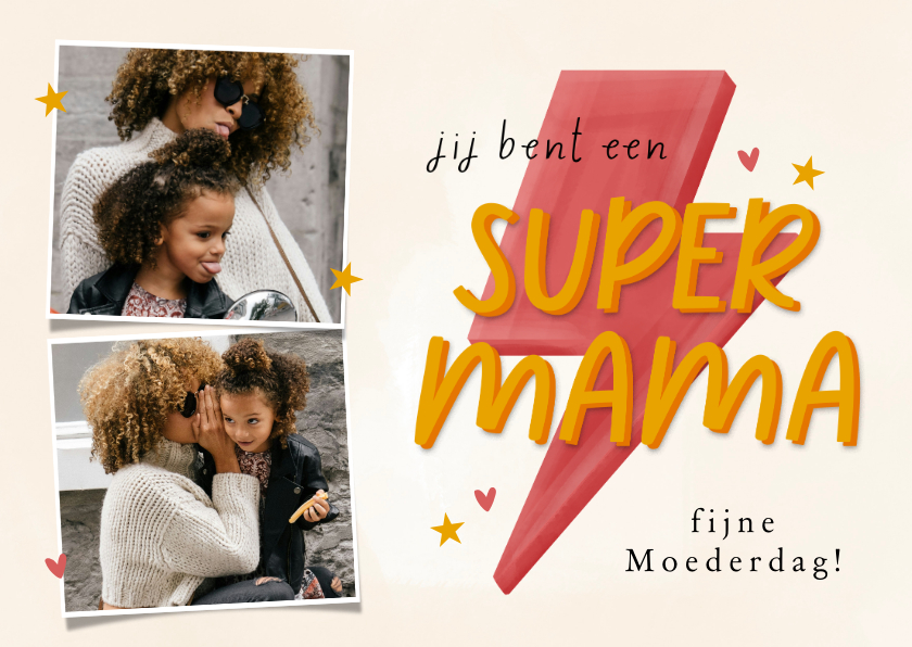 Moederdag kaarten - Moederdagkaartje fotocollage supermama bliksem hartjes