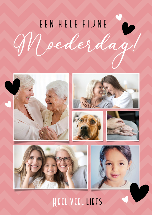 Moederdag kaarten - Roze moederdag fotocollage kaart met 6 foto's en hartjes