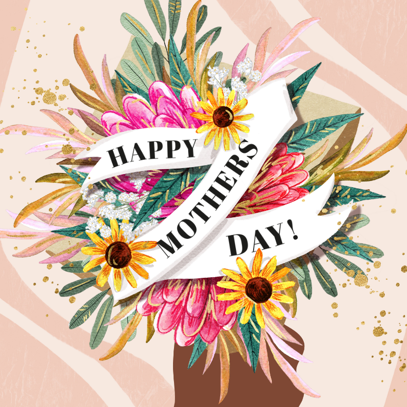 Moederdag kaarten - Trendy moederdagkaart botanisch boeket bloemen goud spetters