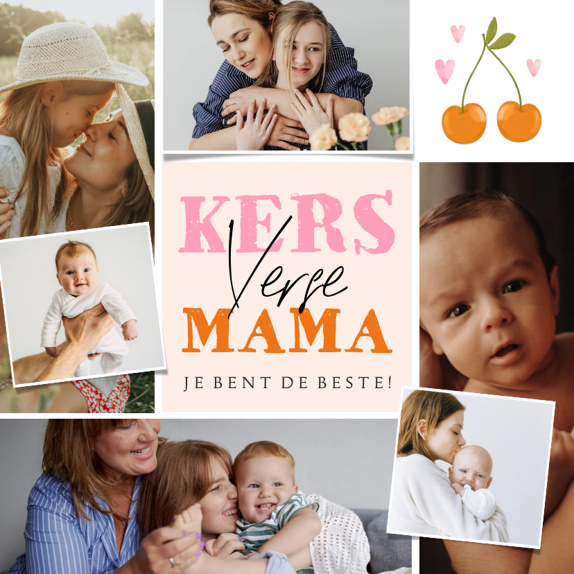 Moederdag kaarten - Trendy moederdagkaart collage eerste Moederdag kersjes hart