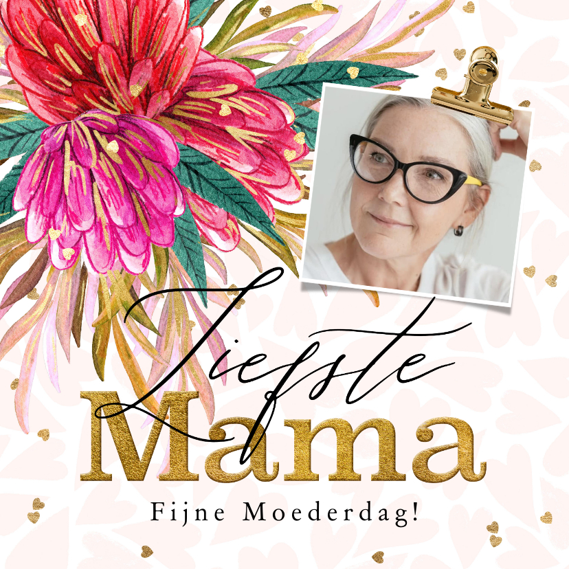 Moederdag kaarten - Trendy moederdagkaart 'Liefste Mama' bloemen hartjes goud