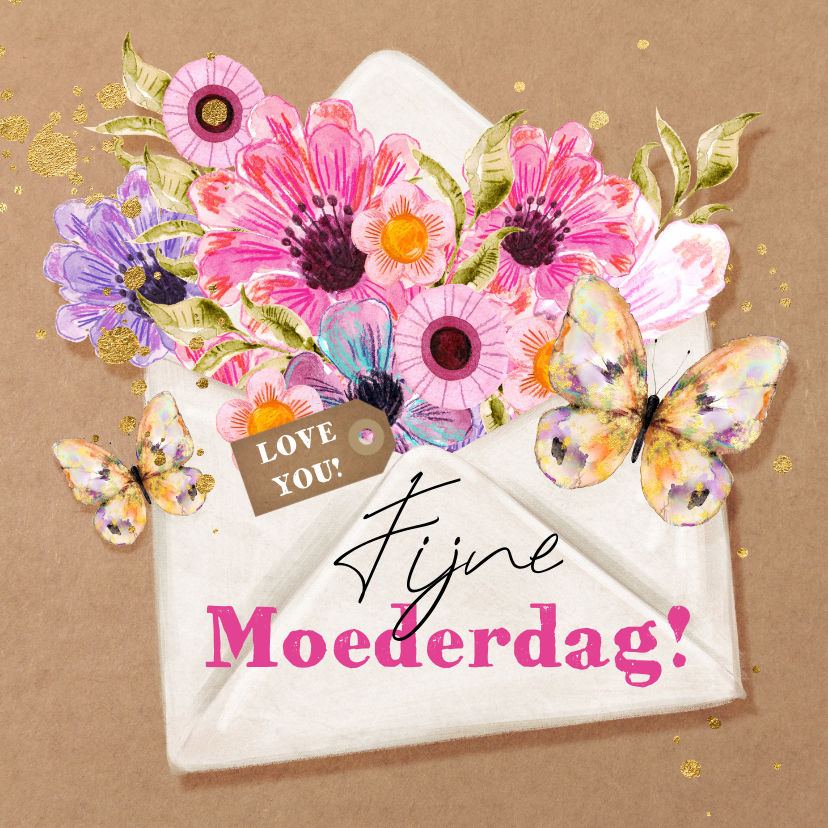 Moederdag kaarten - Vrolijke moederdagkaart envelop bloemen watercolor vlinders