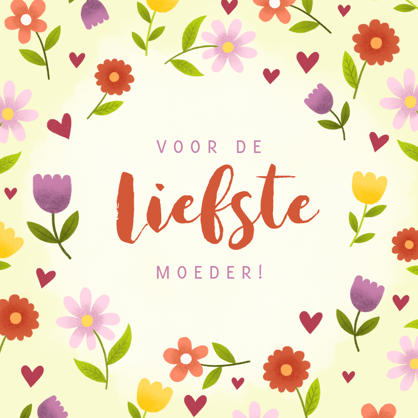 Vrolijke moederdagkaart met bloemen en hartjes - Moederdag kaarten Moederdag kaarten - Vrolijke moederdagkaart met bloemen en hartjes