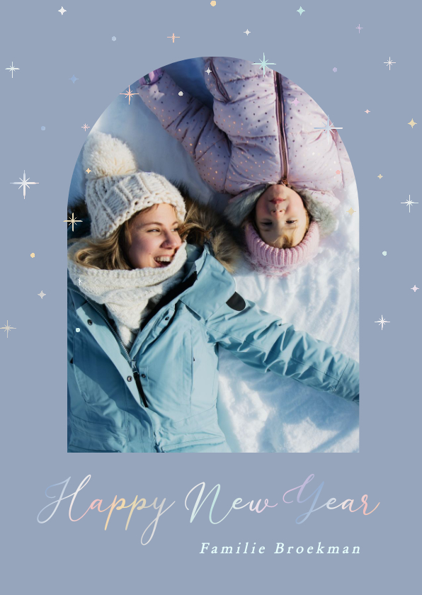 Nieuwjaarskaarten - Blauwe nieuwjaarskaart met foto en holografische sterretjes