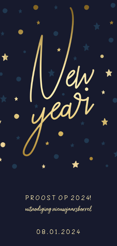 Nieuwjaarskaarten - Borrel uitnodiging 'New Year' gouden sterren en confetti