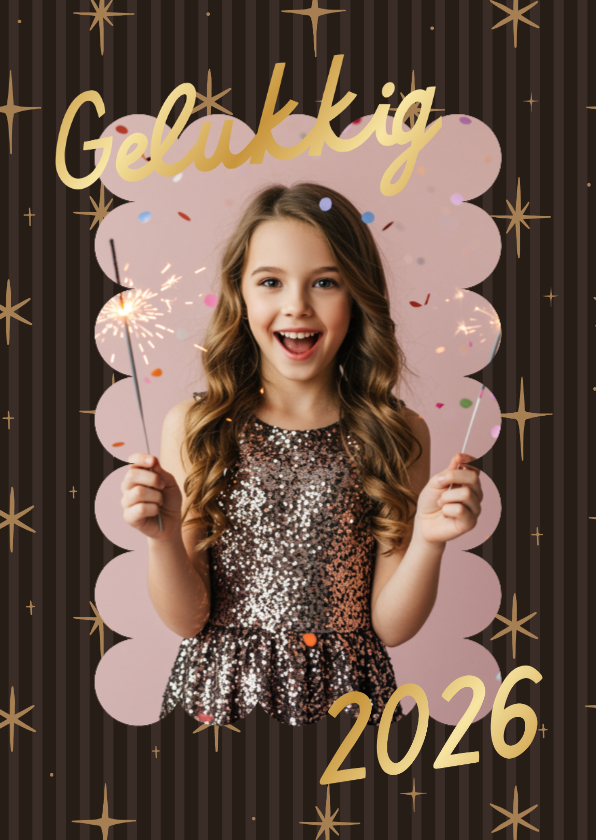 Bruine foto nieuwjaarskaart met sterren en goudfolie - Nieuwjaarskaarten Nieuwjaarskaarten - Bruine foto nieuwjaarskaart met sterren en goudfolie