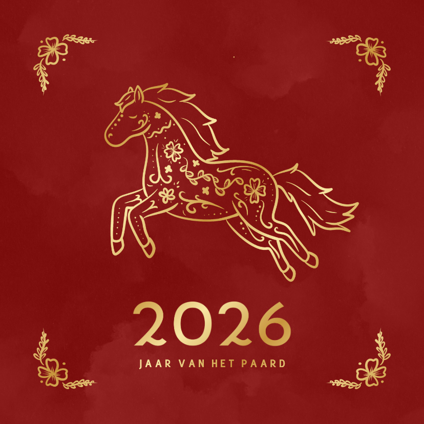Nieuwjaarskaarten - Chinees nieuwjaarskaartje paard in goudfolie rood