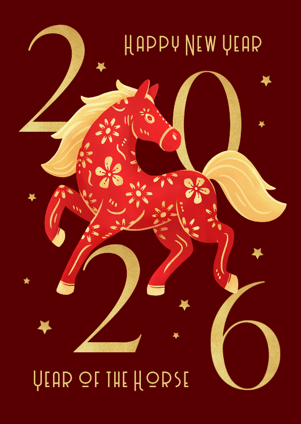 Nieuwjaarskaarten - Chinese nieuwjaarskaart paard 2026 sterren goud