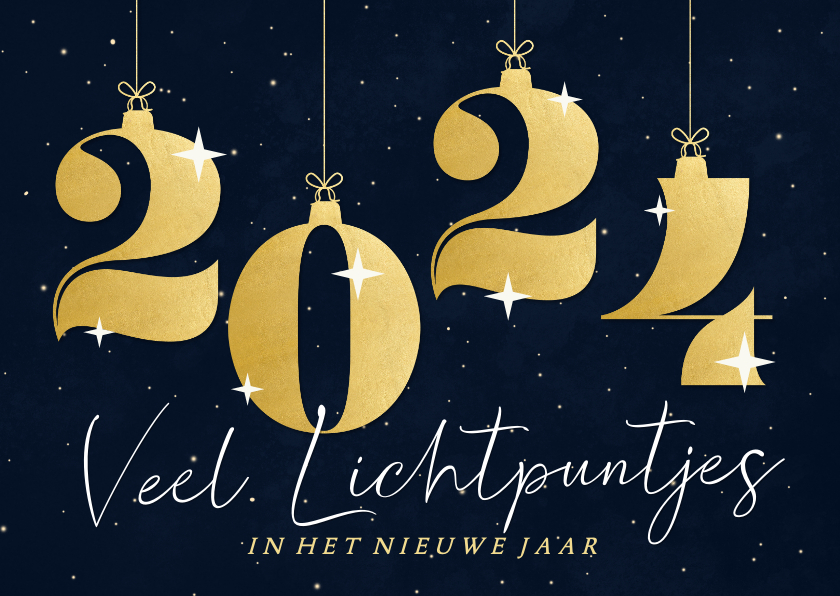 Nieuwjaarskaarten - Donkere nieuwjaarskaart met cijfer kerstballen lichtpuntjes
