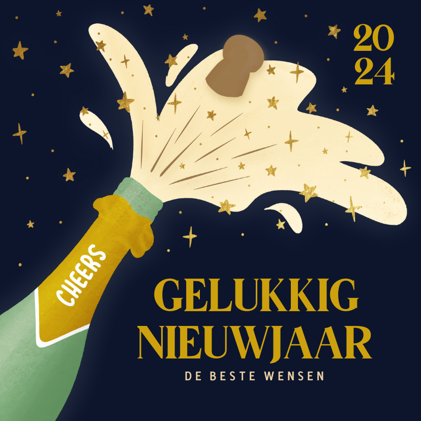 Nieuwjaarskaarten - Donkere nieuwjaarskaart met knallende fles champagne