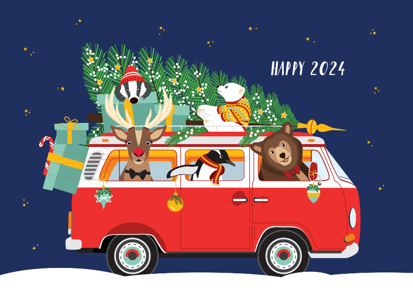 Nieuwjaarskaarten - Een vrolijk Volkswagen busje vol kerst diertjes 