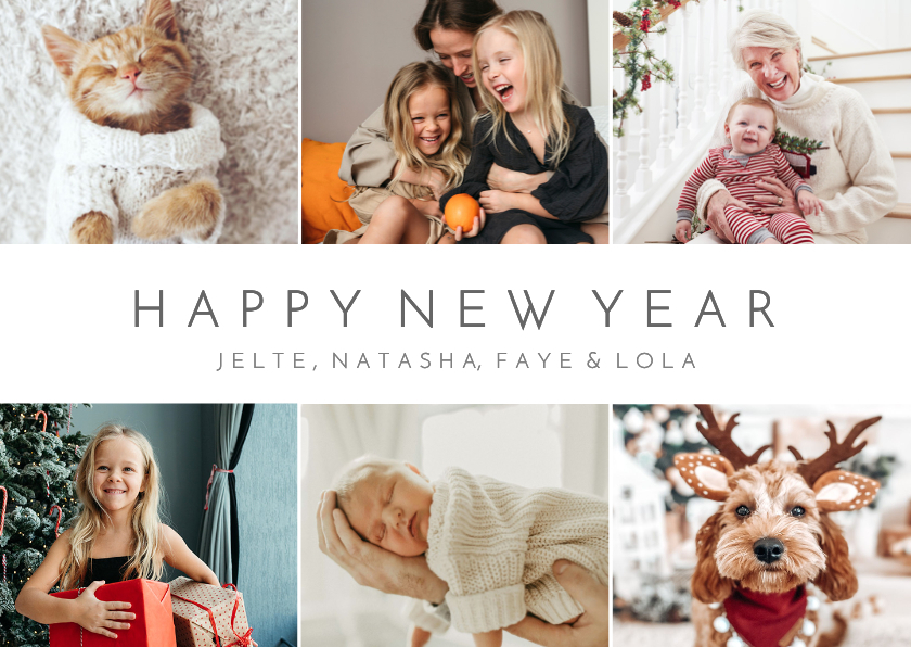Eenvoudige fotocollage nieuwjaarskaart met 6 eigen foto's - Nieuwjaarskaarten Nieuwjaarskaarten - Eenvoudige fotocollage nieuwjaarskaart met 6 eigen foto's