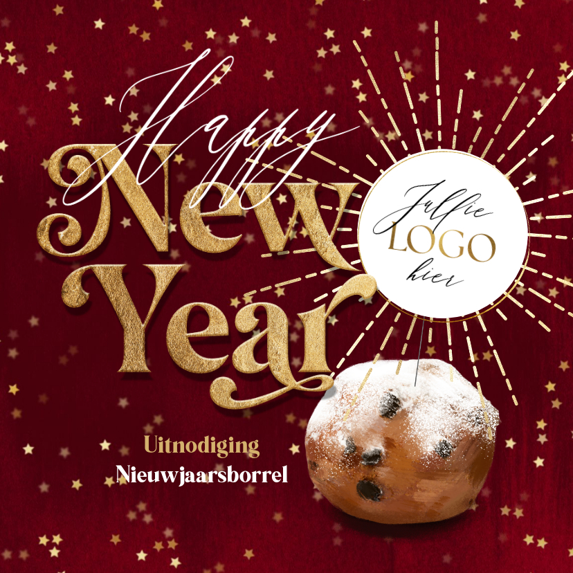 Feestelijke nieuwjaarsjaart vuurwerk sterretjes logo oliebol - Nieuwjaarskaarten Nieuwjaarskaarten - Feestelijke nieuwjaarsjaart vuurwerk sterretjes logo oliebol