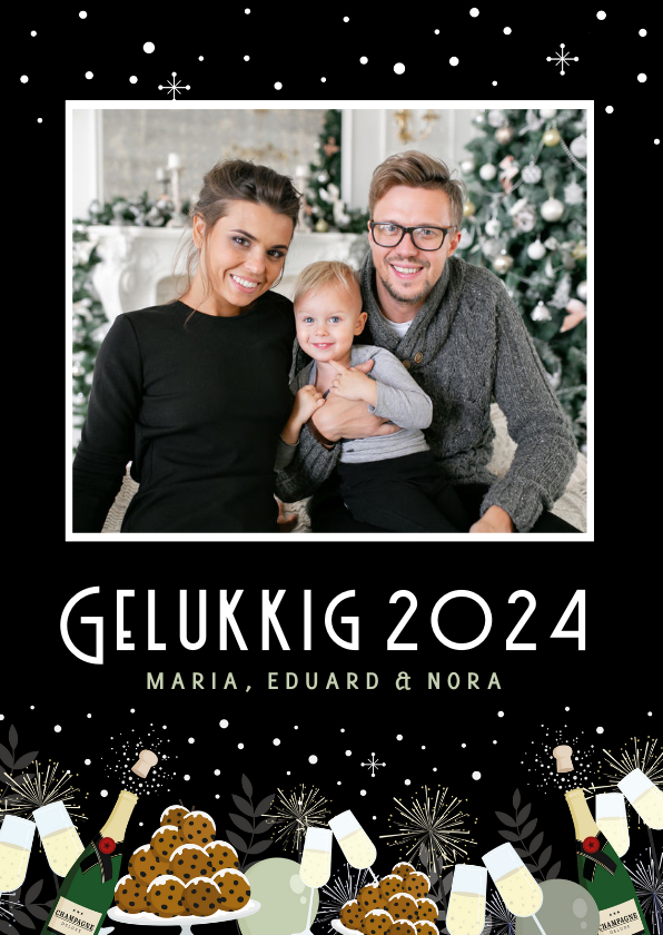 Feestelijke nieuwjaarskaart champagne, oliebollen en foto - Nieuwjaarskaarten Nieuwjaarskaarten - Feestelijke nieuwjaarskaart champagne, oliebollen en foto