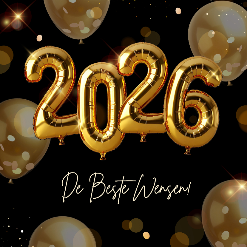 Nieuwjaarskaarten - Feestelijke nieuwjaarskaart met gouden helium ballonnen