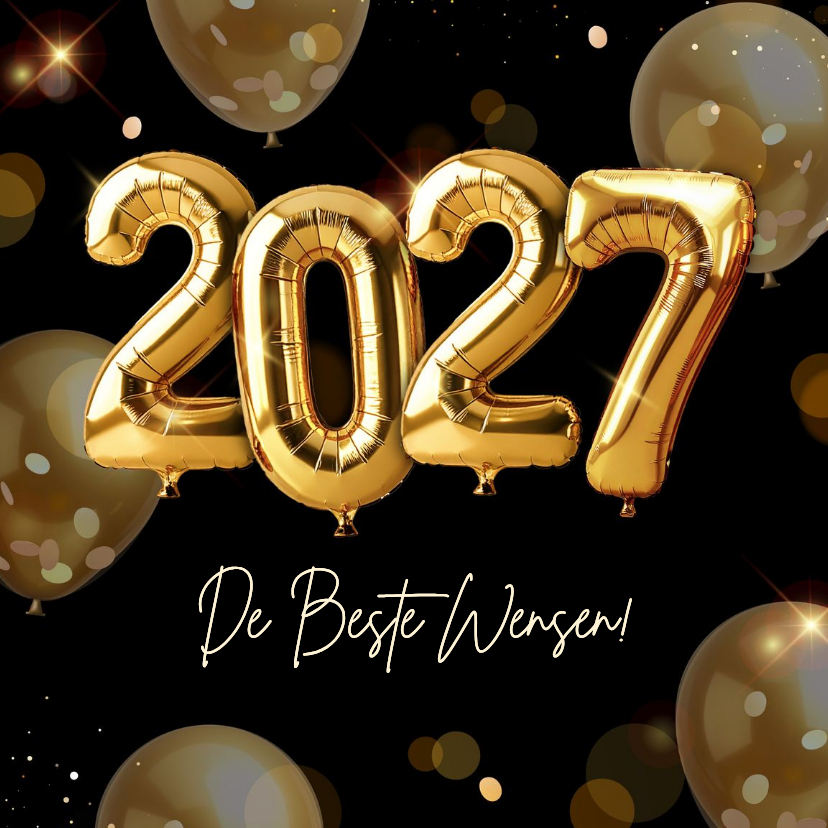 Nieuwjaarskaarten - Feestelijke nieuwjaarskaart met gouden helium ballonnen