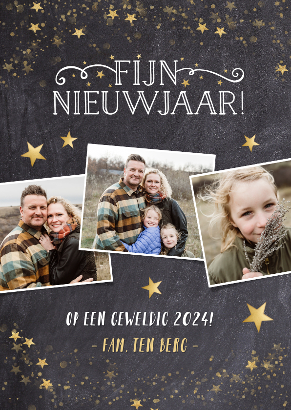 Feestelijke nieuwjaarskaart met krijtbord en gouden sterren - Nieuwjaarskaarten Nieuwjaarskaarten - Feestelijke nieuwjaarskaart met krijtbord en gouden sterren