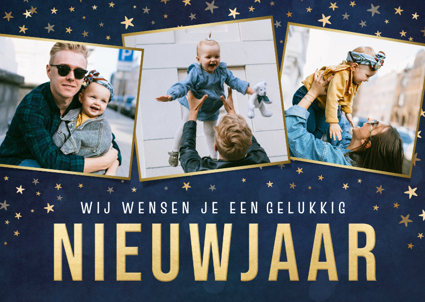 Nieuwjaarskaarten - Fotocollage nieuwjaarskaart blauw met gouden sterretjes 