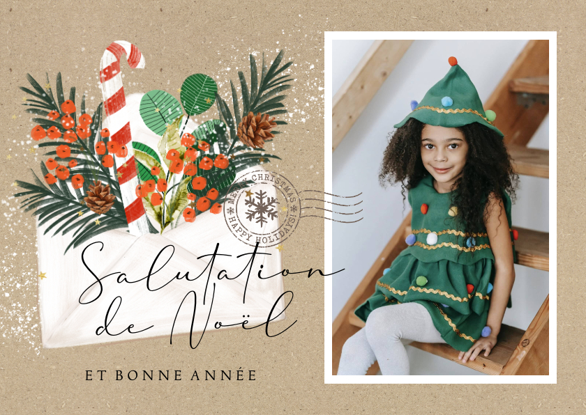 Nieuwjaarskaarten - Franse nieuwjaarsgroet envelop kersttak foto stempel