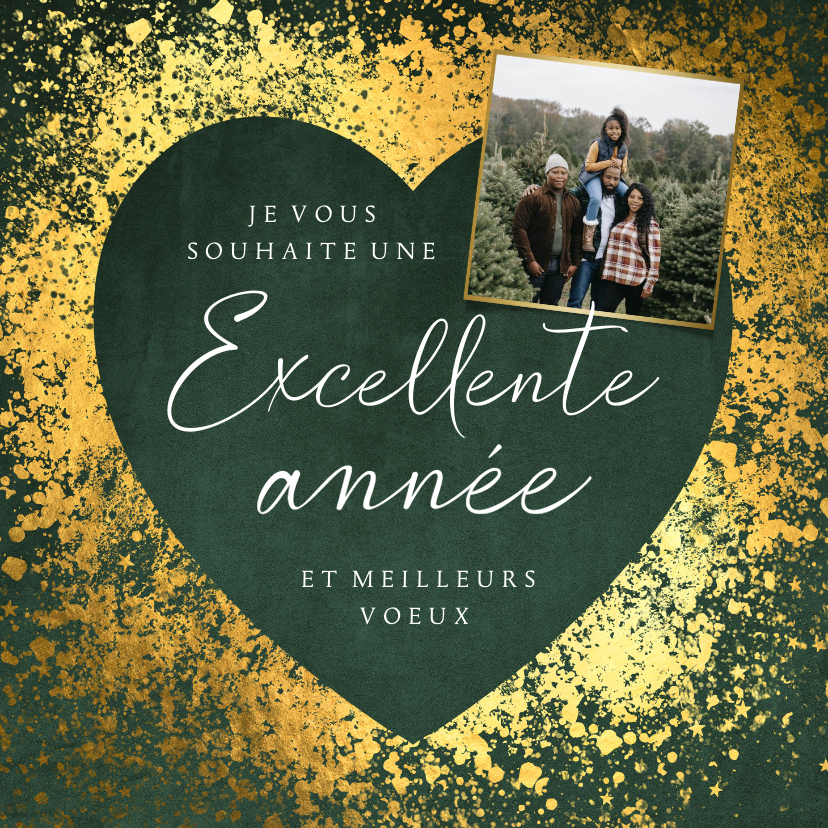 Nieuwjaarskaarten - Franse nieuwjaarskaart hart goudlook velvet groen foto