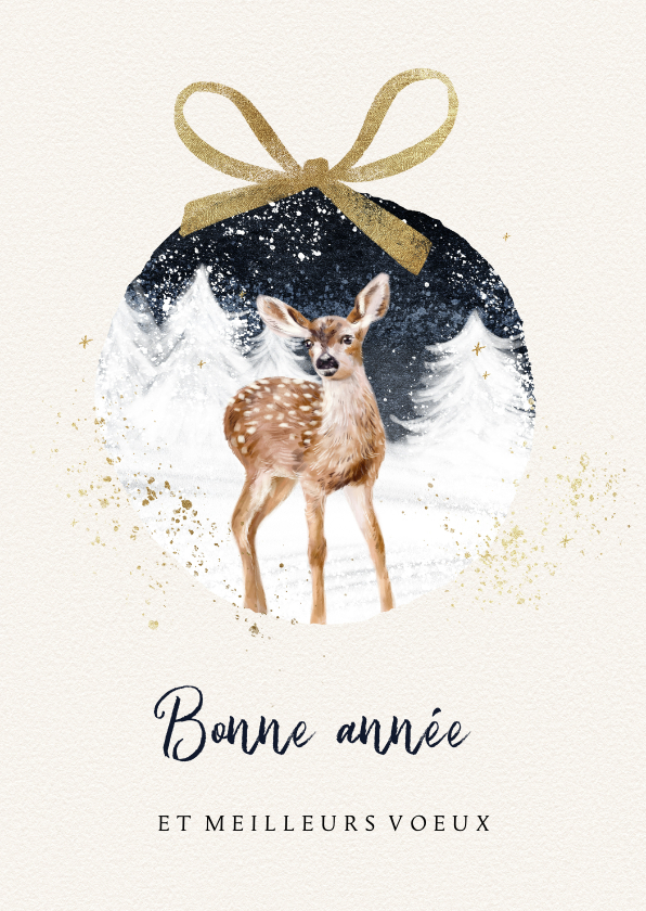 Nieuwjaarskaarten - Franse nieuwjaarskaart illustratie hert kerstbal strik goud