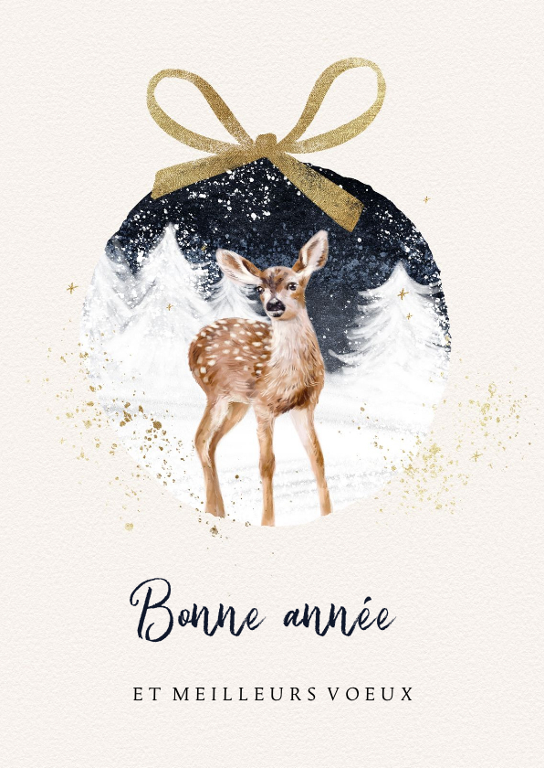 Franse nieuwjaarskaart illustratie hert kerstbal strik goud - Nieuwjaarskaarten Nieuwjaarskaarten - Franse nieuwjaarskaart illustratie hert kerstbal strik goud