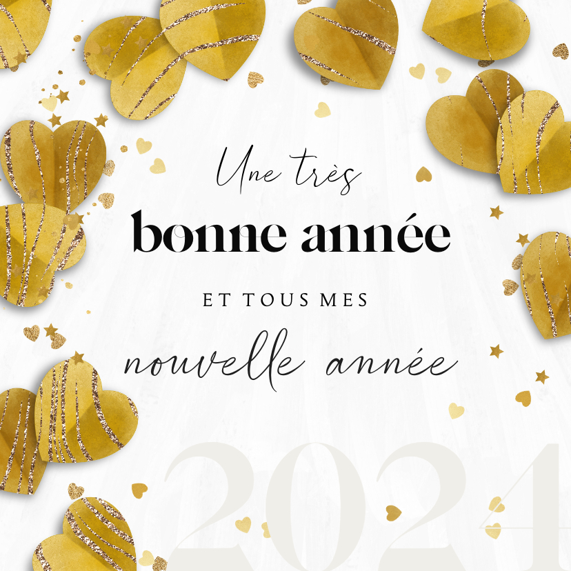 Nieuwjaarskaarten - Franse nieuwjaarskaart met hartjes confetti goudlook