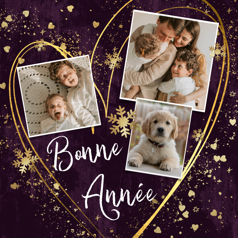 Nieuwjaarskaarten - Franse nieuwjaarskaart met sterretjes hart en spetters goud