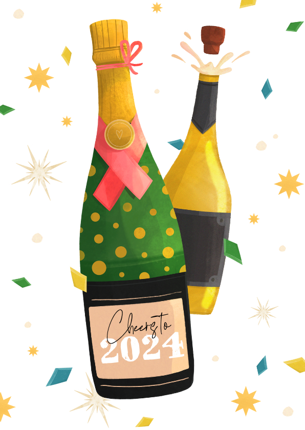 Nieuwjaarskaarten - Geïllustreerde nieuwjaarskaart champagne sterren confetti