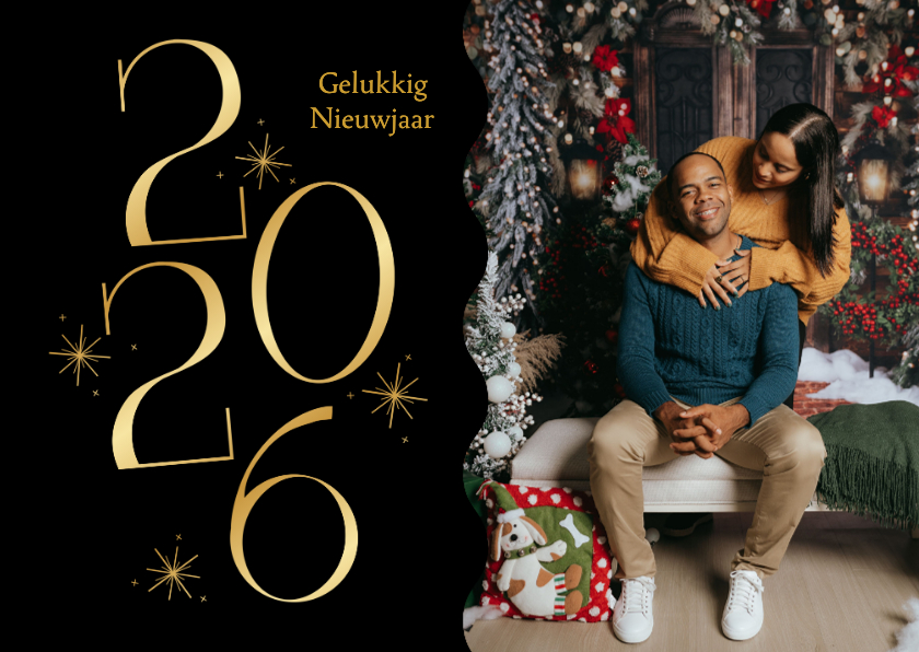 Gouden nieuwjaarskaartje met jaartal en sterren zwart - Nieuwjaarskaarten Nieuwjaarskaarten - Gouden nieuwjaarskaartje met jaartal en sterren zwart