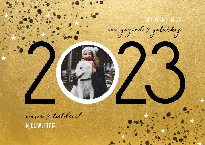 Nieuwjaarskaarten - Goudlook nieuwjaarskaart 2023 spetters sterren en foto