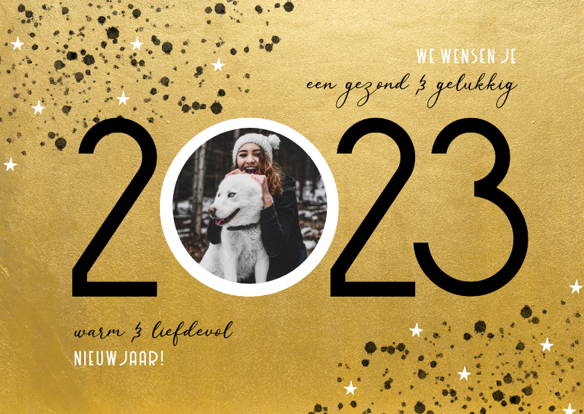 Goudlook nieuwjaarskaart 2023 spetters sterren en foto - Nieuwjaarskaarten Nieuwjaarskaarten - Goudlook nieuwjaarskaart 2023 spetters sterren en foto