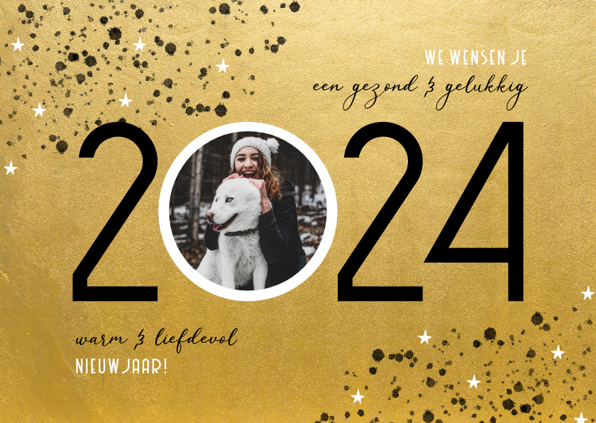 Nieuwjaarskaarten - Goudlook nieuwjaarskaart 2024 spetters sterren en foto