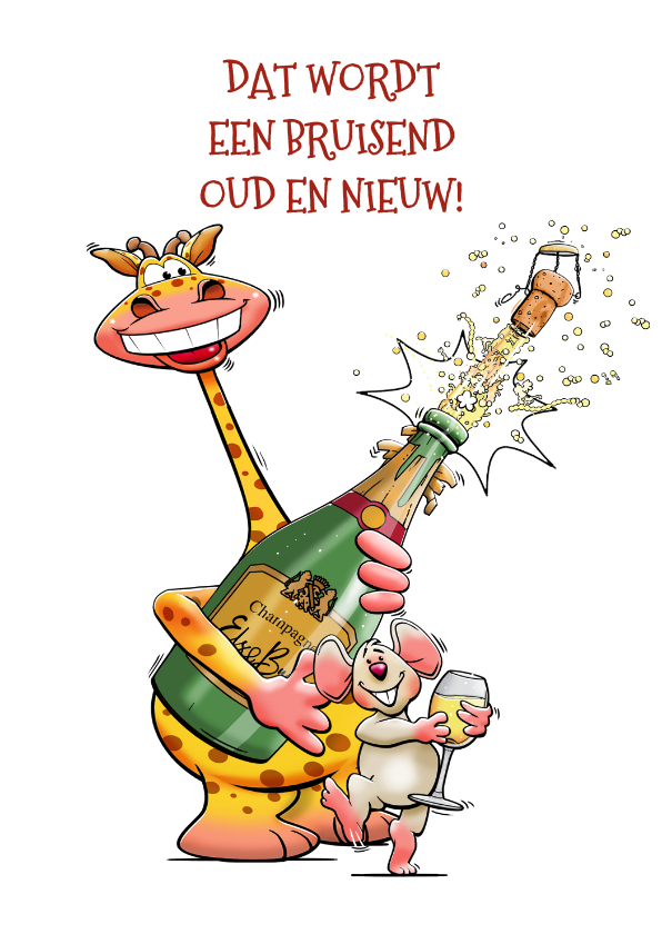Nieuwjaarskaarten - Grappige bruisende nieuwjaarskaart met giraf en muis