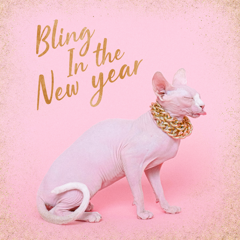 Nieuwjaarskaarten - Grappige nieuwjaarskaart bling kat met ketting roze