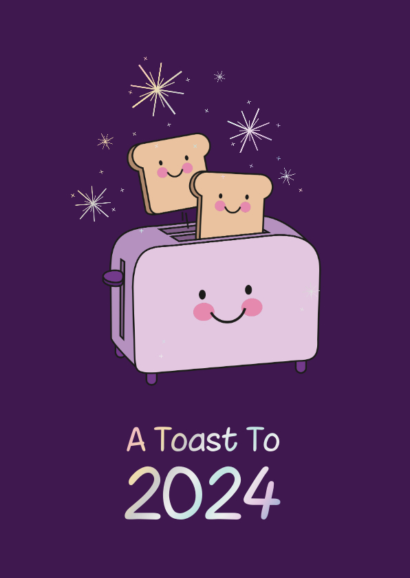 Nieuwjaarskaarten - Grappige nieuwjaarskaart broodrooster toast vuurwerk paars